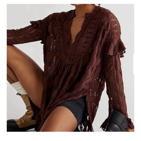 Free People‎ Candy Shop Tunic  Brown Lace Blouse SZ XS - Picture 1 of 10